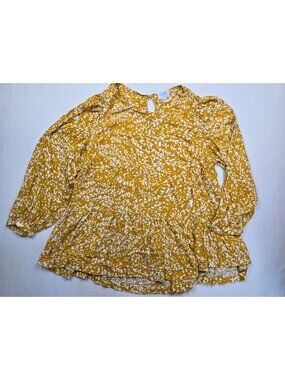 Time And Tru Womens Yellow White Floral Print Long Sleeve Peplum Blouse XL Boho